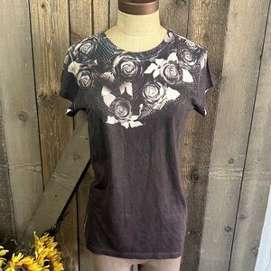 Mudd Black-Grey Rose Graphic Y2K Aesthetic Tee Shirt Size Large